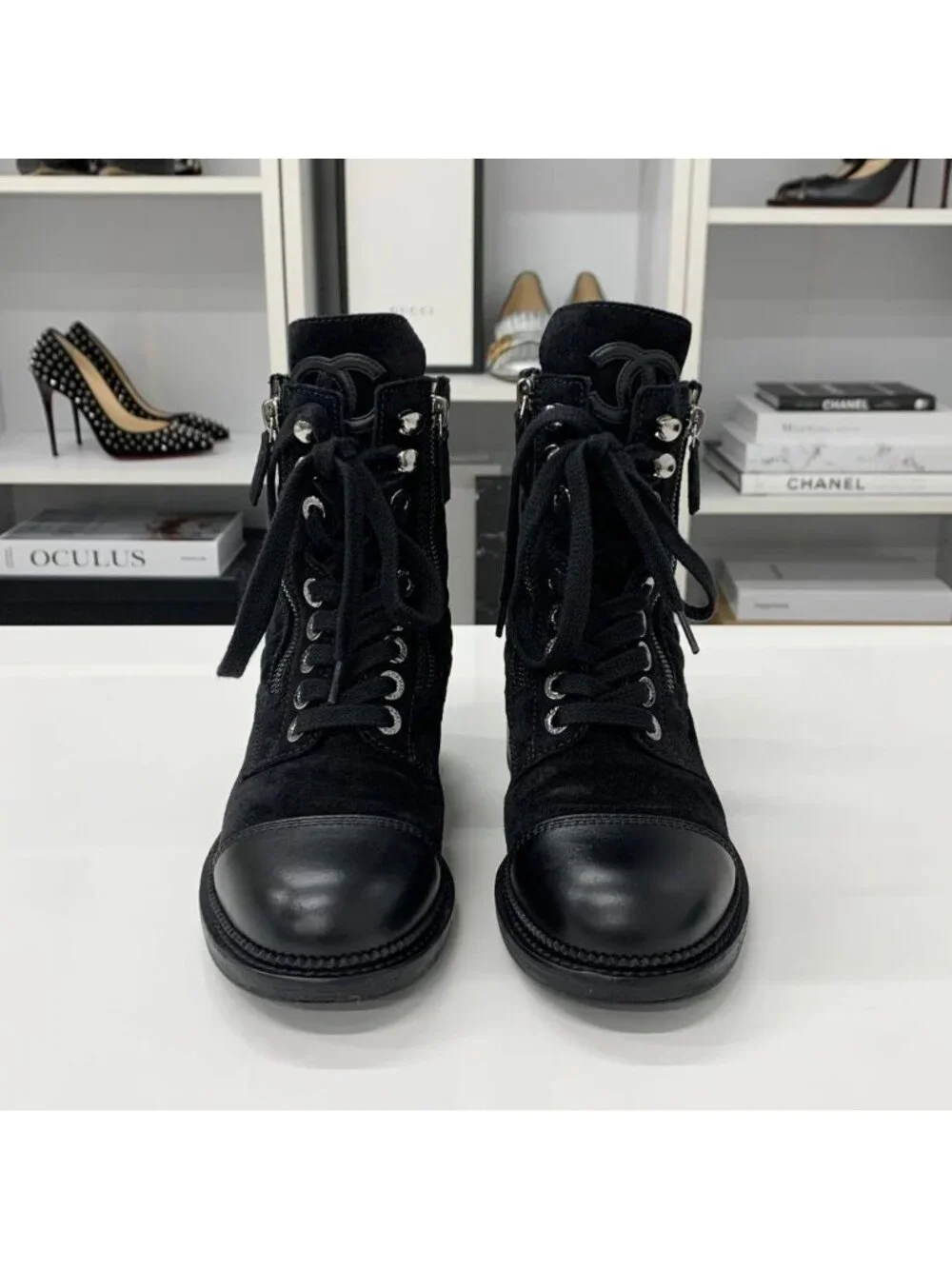 Chanel CC Logo Suede Leather Quilted Short Boots